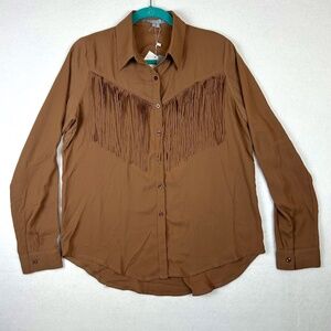 Solemlo Long Sleeve Fringe Western Style Button Up Shirt Cut Out Back Size M